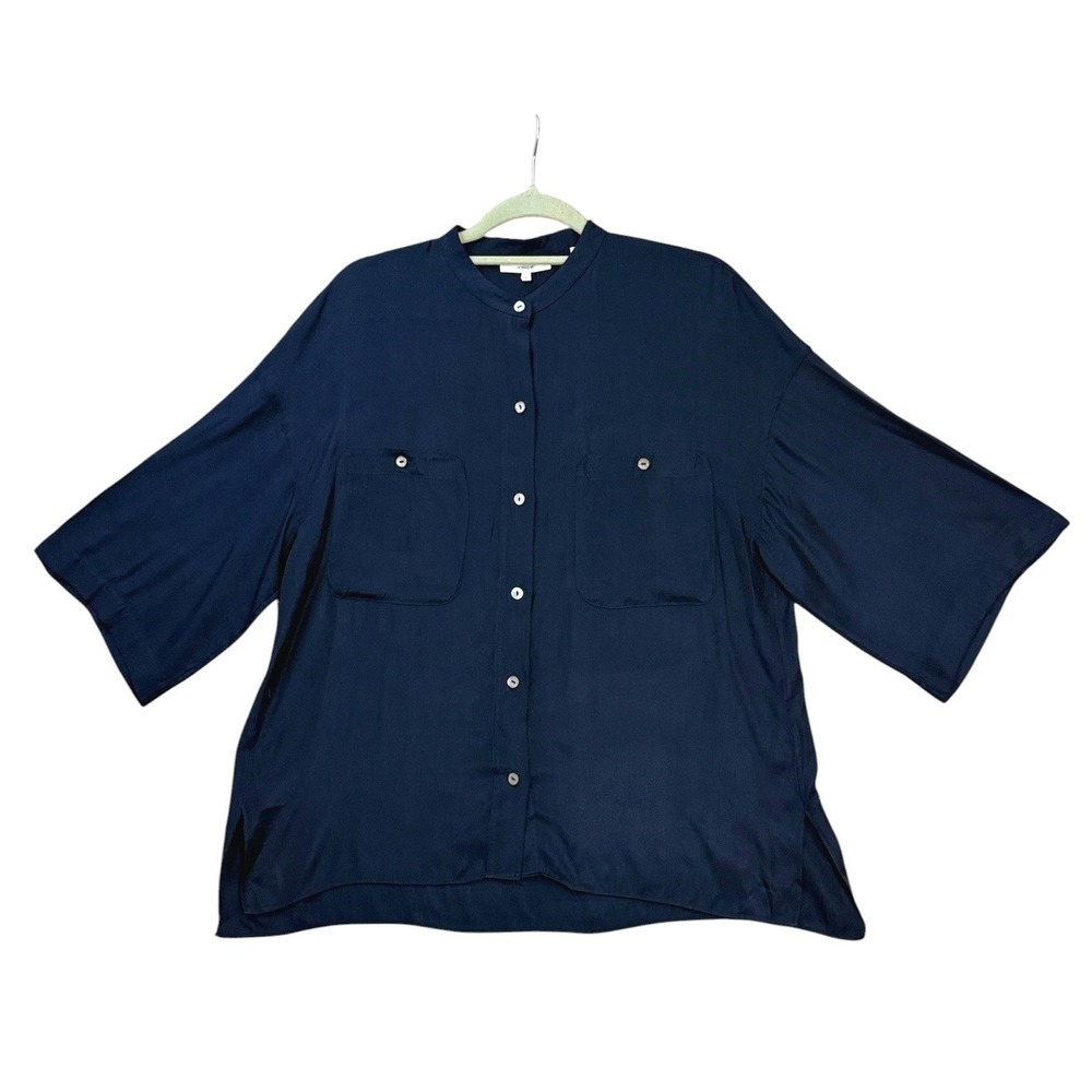 Vince Womens Silk Blend Utility Blouse L Navy Blue Short Sleeve Minimalist Shirt - Picture 2 of 8